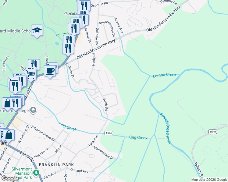 map of restaurants, bars, coffee shops, grocery stores, and more near 164 Broadview Circle in Brevard