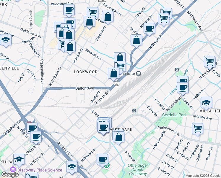 map of restaurants, bars, coffee shops, grocery stores, and more near N Tryon St & Dalton Ave in Charlotte