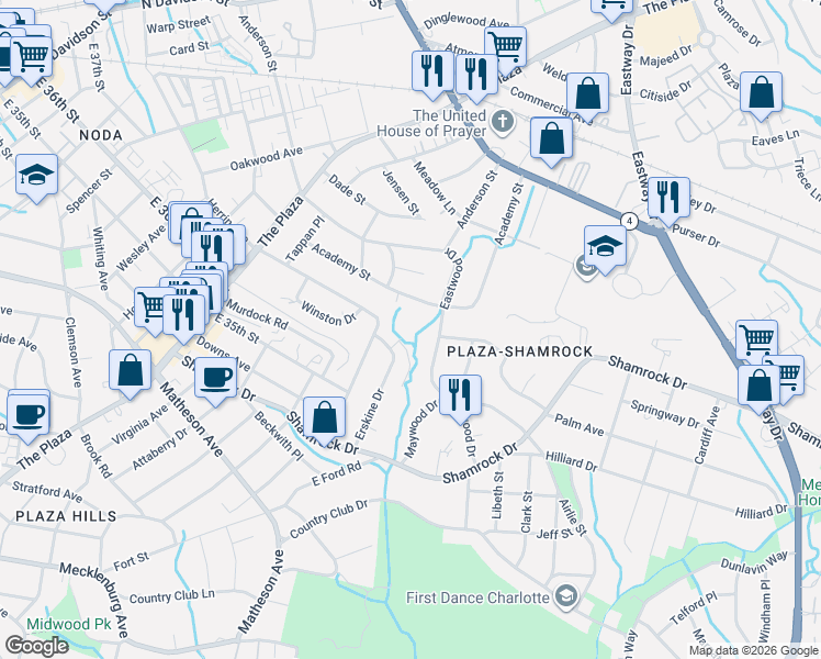 map of restaurants, bars, coffee shops, grocery stores, and more near in Charlotte