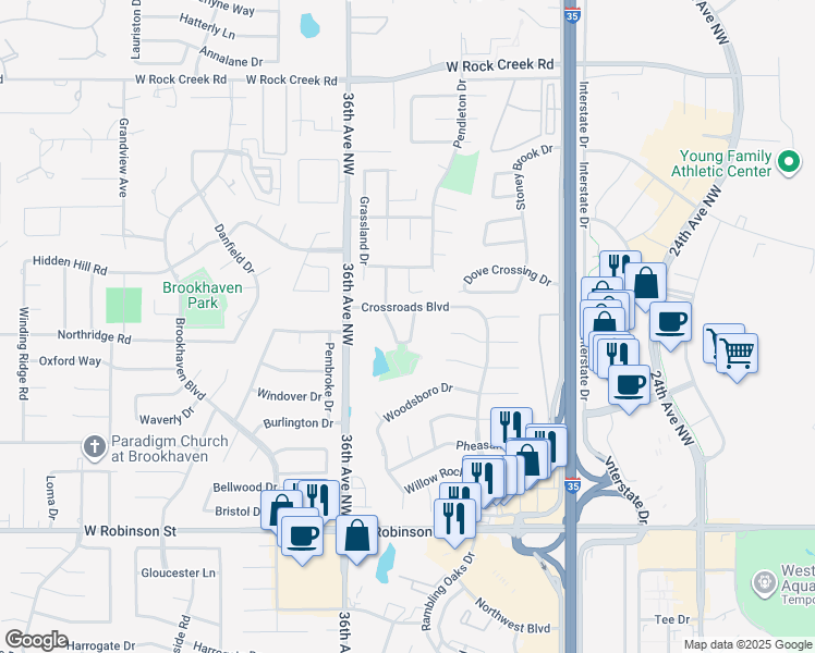 map of restaurants, bars, coffee shops, grocery stores, and more near 1716 Cliffside Court in Norman