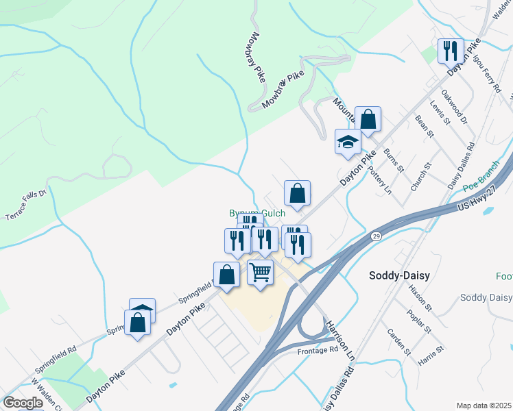 map of restaurants, bars, coffee shops, grocery stores, and more near 9383 Dayton Pike in Soddy-Daisy