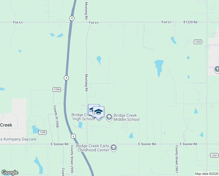 map of restaurants, bars, coffee shops, grocery stores, and more near 1059 Mustang Road in Blanchard