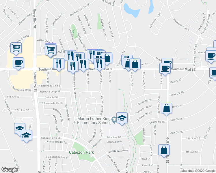 map of restaurants, bars, coffee shops, grocery stores, and more near 1009 26th Street Southeast in Rio Rancho
