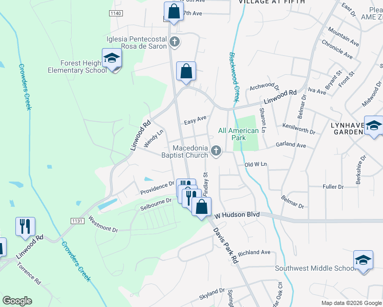 map of restaurants, bars, coffee shops, grocery stores, and more near 2207 Garland Avenue in Gastonia