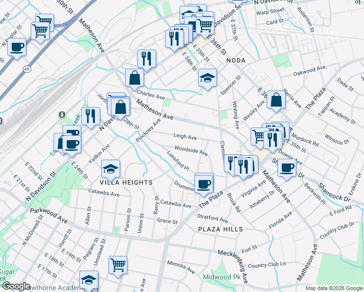 map of restaurants, bars, coffee shops, grocery stores, and more near 927 Woodside Avenue in Charlotte