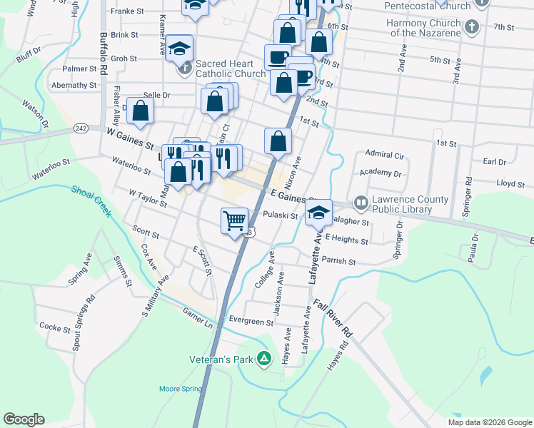 map of restaurants, bars, coffee shops, grocery stores, and more near Pulaski Street in Lawrenceburg