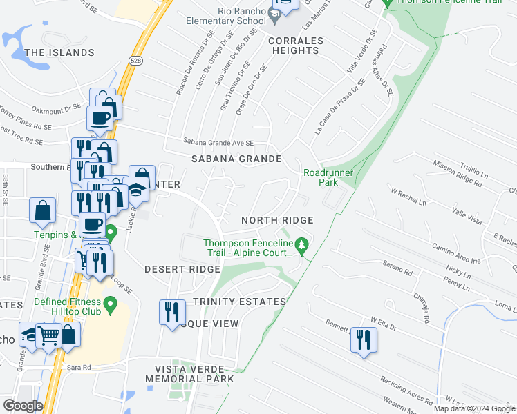map of restaurants, bars, coffee shops, grocery stores, and more near 4336 Snow Heights Circle Southeast in Rio Rancho