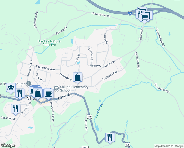 map of restaurants, bars, coffee shops, grocery stores, and more near 706 Ozone Drive in Saluda