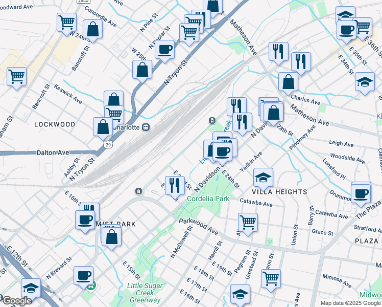 map of restaurants, bars, coffee shops, grocery stores, and more near 2010 North Brevard Street in Charlotte