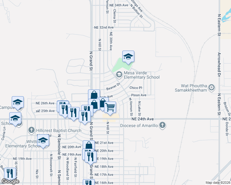 map of restaurants, bars, coffee shops, grocery stores, and more near 3827 Northeast 26th Avenue in Amarillo