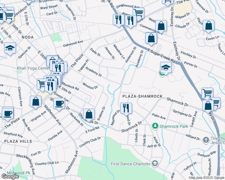 map of restaurants, bars, coffee shops, grocery stores, and more near 2000 Patio Court in Charlotte