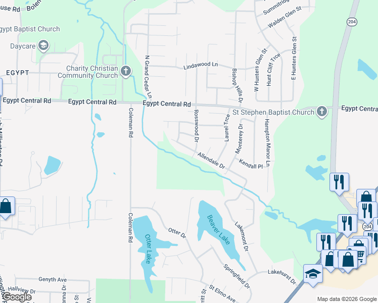 map of restaurants, bars, coffee shops, grocery stores, and more near 4611 Allendale Drive in Memphis