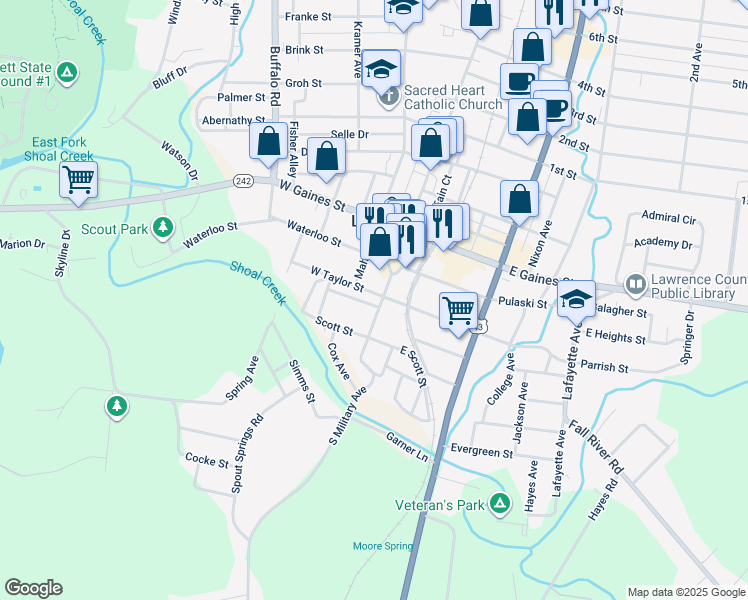 map of restaurants, bars, coffee shops, grocery stores, and more near 205 South Military Avenue in Lawrenceburg