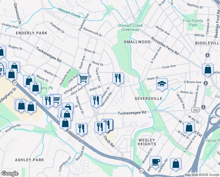 map of restaurants, bars, coffee shops, grocery stores, and more near 921 Ambassador Street in Charlotte