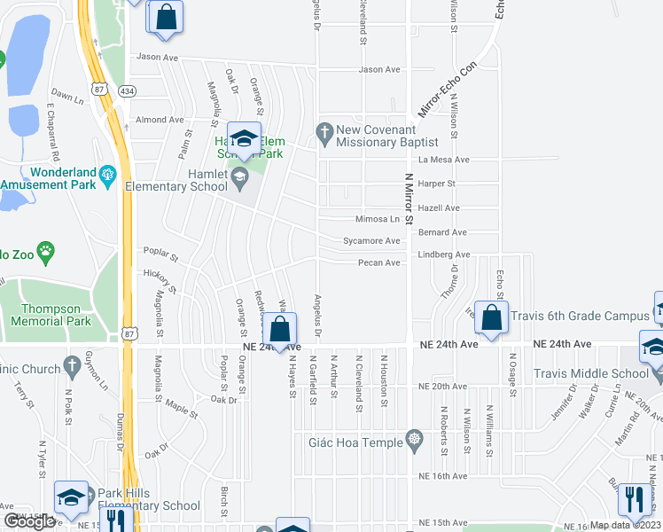 map of restaurants, bars, coffee shops, grocery stores, and more near 1204 Pecan Street in Amarillo