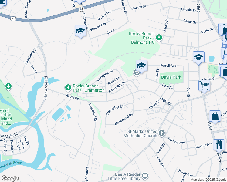 map of restaurants, bars, coffee shops, grocery stores, and more near 1160 Assembly Street in Belmont