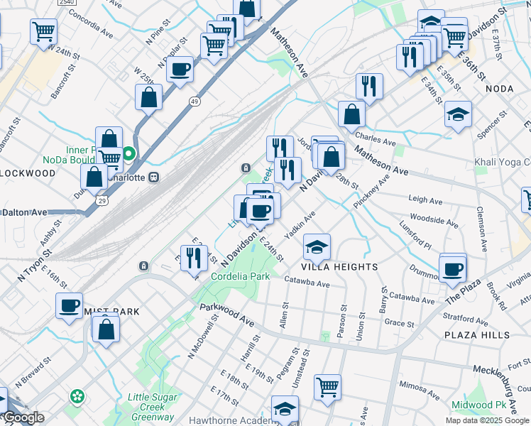 map of restaurants, bars, coffee shops, grocery stores, and more near in Charlotte