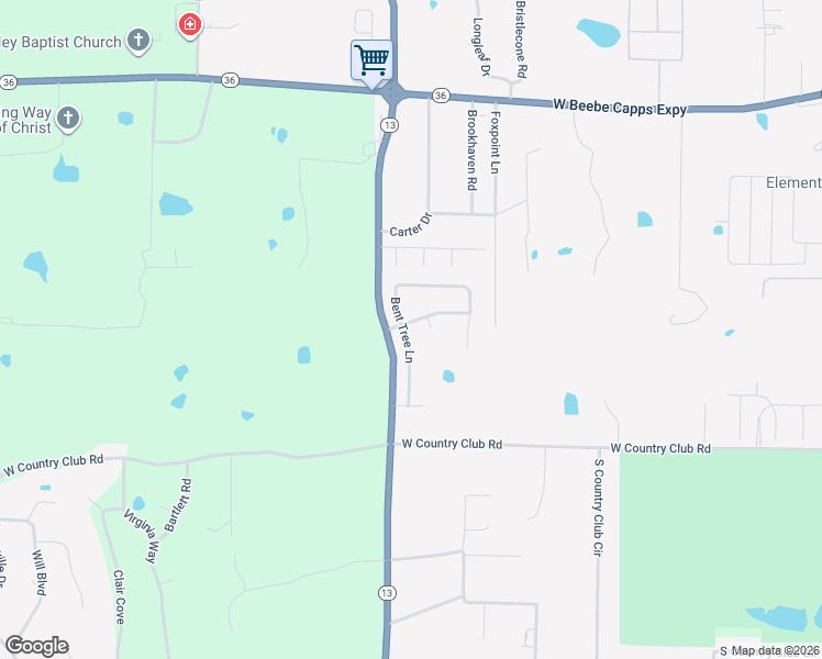 map of restaurants, bars, coffee shops, grocery stores, and more near 1226 Bent Tree Lane in Searcy