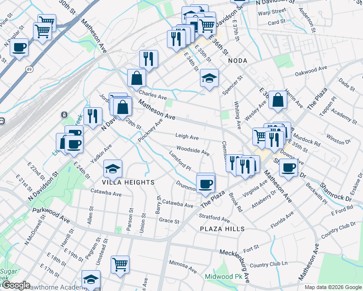 map of restaurants, bars, coffee shops, grocery stores, and more near 927 Woodside Avenue in Charlotte