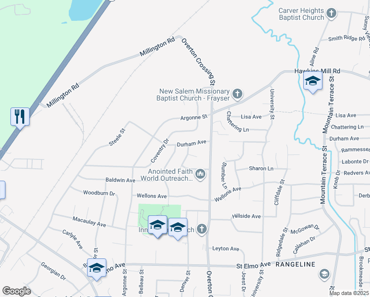 map of restaurants, bars, coffee shops, grocery stores, and more near 2037 Durham Avenue in Memphis