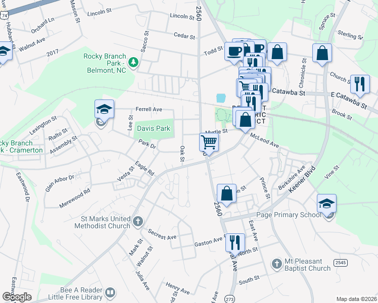 map of restaurants, bars, coffee shops, grocery stores, and more near 12 Oak Street in Belmont