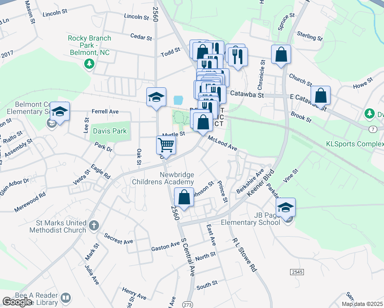 map of restaurants, bars, coffee shops, grocery stores, and more near 203 South Main Street in Belmont