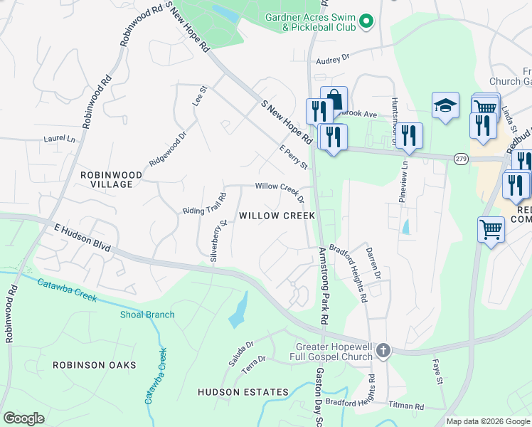 map of restaurants, bars, coffee shops, grocery stores, and more near 2509 Sweet Birch Court in Gastonia