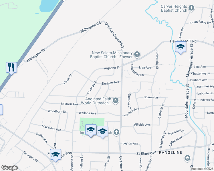 map of restaurants, bars, coffee shops, grocery stores, and more near 2037 Durham Avenue in Memphis