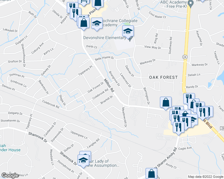 map of restaurants, bars, coffee shops, grocery stores, and more near 2498 Milton Road in Charlotte