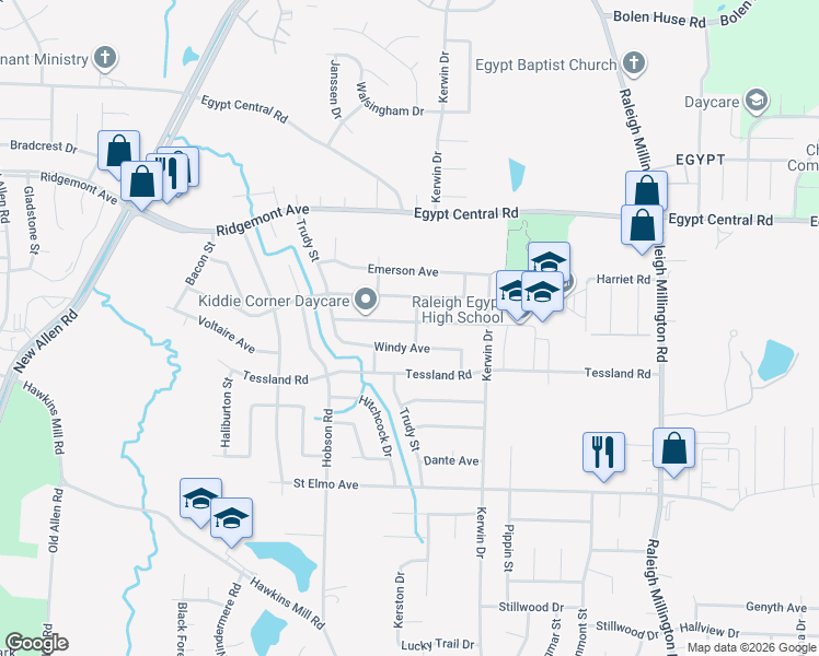 map of restaurants, bars, coffee shops, grocery stores, and more near 3837 Voltaire Avenue in Memphis