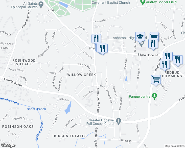 map of restaurants, bars, coffee shops, grocery stores, and more near 932 Willow Creek Drive in Gastonia