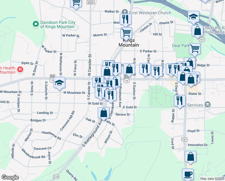 map of restaurants, bars, coffee shops, grocery stores, and more near 122 South Cherokee Street in Kings Mountain