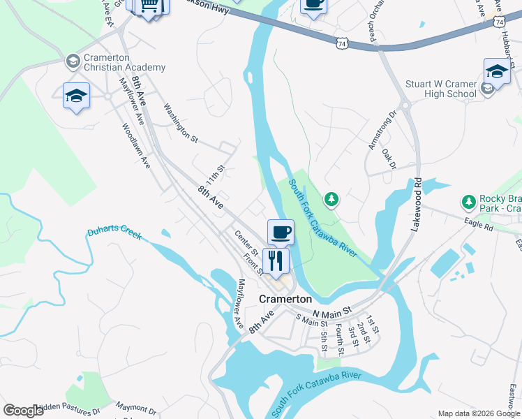 map of restaurants, bars, coffee shops, grocery stores, and more near 233 Dawson Street in Cramerton