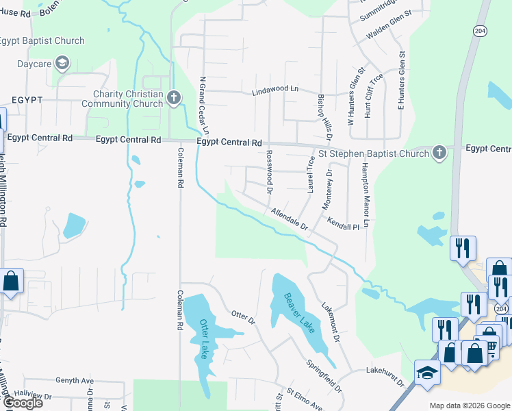 map of restaurants, bars, coffee shops, grocery stores, and more near 4611 Allendale Drive in Memphis