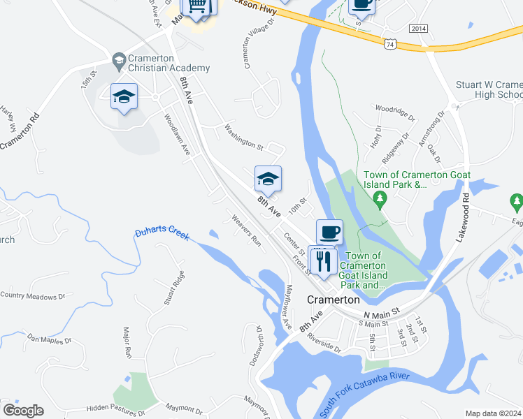 map of restaurants, bars, coffee shops, grocery stores, and more near 239 8th Avenue in Cramerton