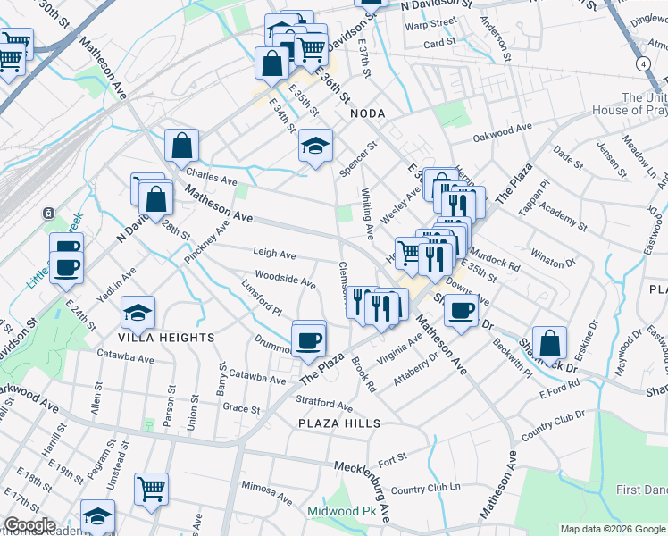 map of restaurants, bars, coffee shops, grocery stores, and more near 1216 Leigh Avenue in Charlotte