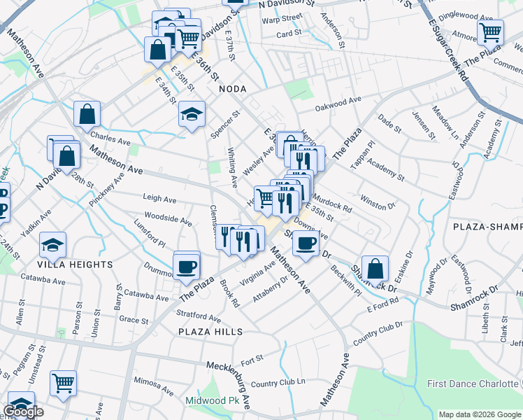 map of restaurants, bars, coffee shops, grocery stores, and more near 3008 Holt Street in Charlotte