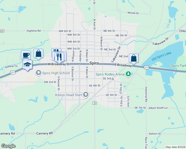 map of restaurants, bars, coffee shops, grocery stores, and more near 207 South Ash in Spiro