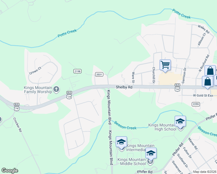 map of restaurants, bars, coffee shops, grocery stores, and more near 1699 Shelby Road in Kings Mountain