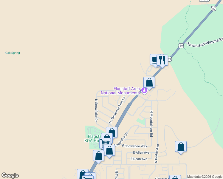 map of restaurants, bars, coffee shops, grocery stores, and more near 6470 North Snowflake Drive in Flagstaff