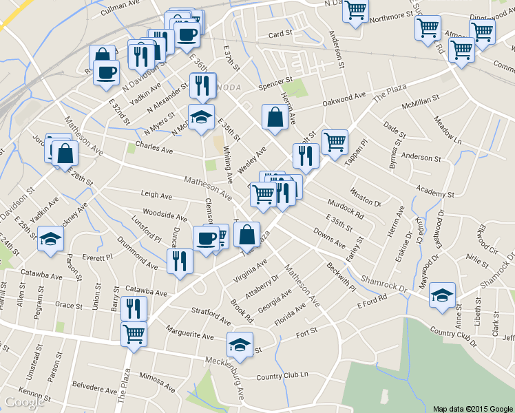map of restaurants, bars, coffee shops, grocery stores, and more near 3008 Holt Street in Charlotte