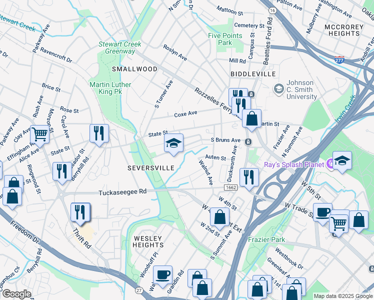 map of restaurants, bars, coffee shops, grocery stores, and more near 333 South Bruns Avenue in Charlotte