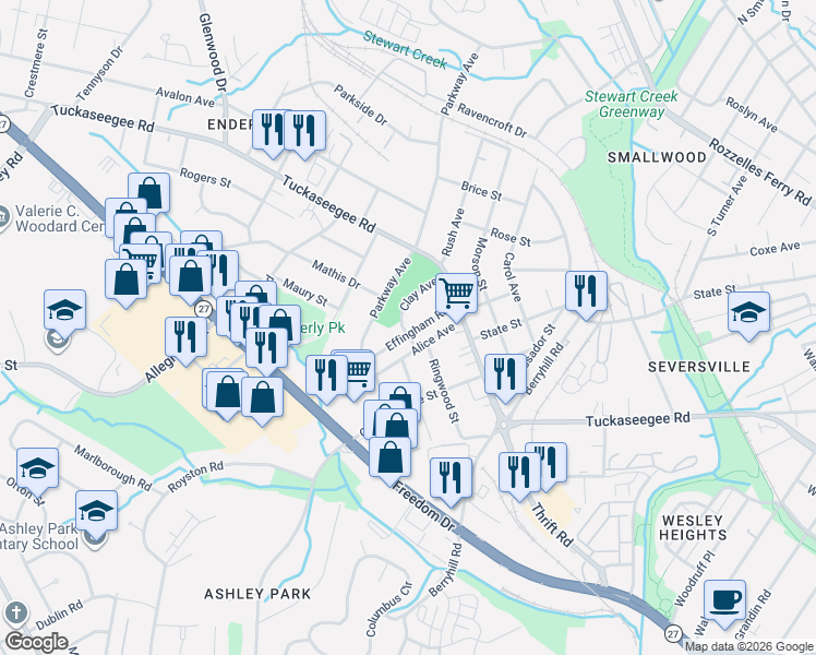 map of restaurants, bars, coffee shops, grocery stores, and more near 1300 Effingham Road in Charlotte