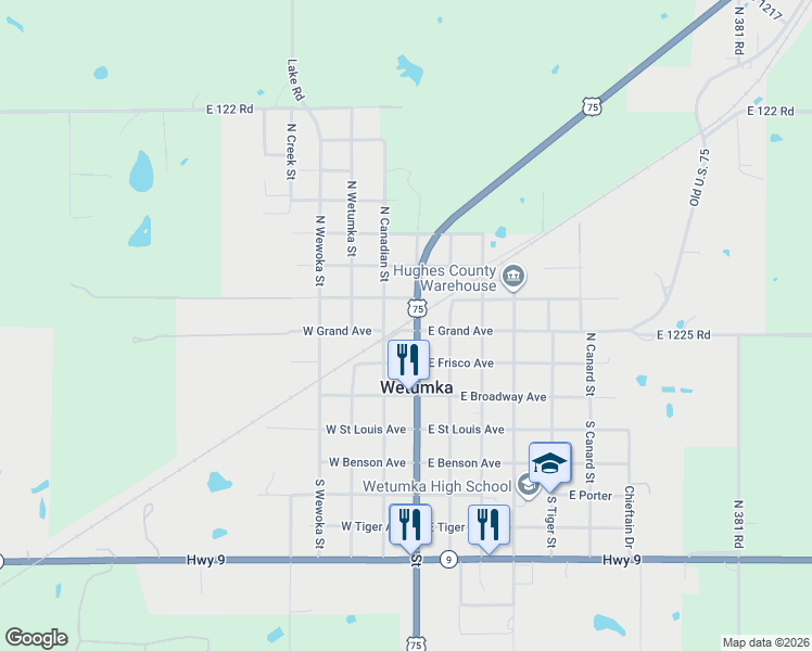 map of restaurants, bars, coffee shops, grocery stores, and more near in Wetumka