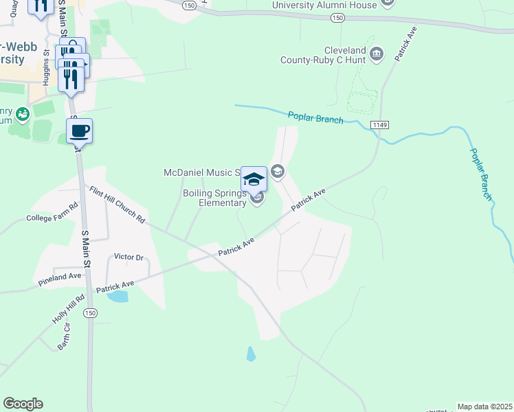 map of restaurants, bars, coffee shops, grocery stores, and more near 1522 Patrick Avenue in Shelby