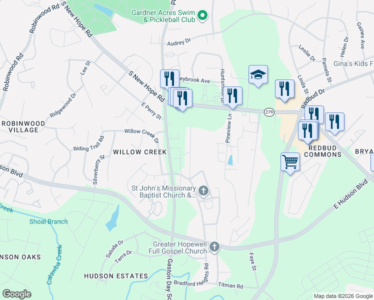 map of restaurants, bars, coffee shops, grocery stores, and more near 2133 2nd Street in Gastonia