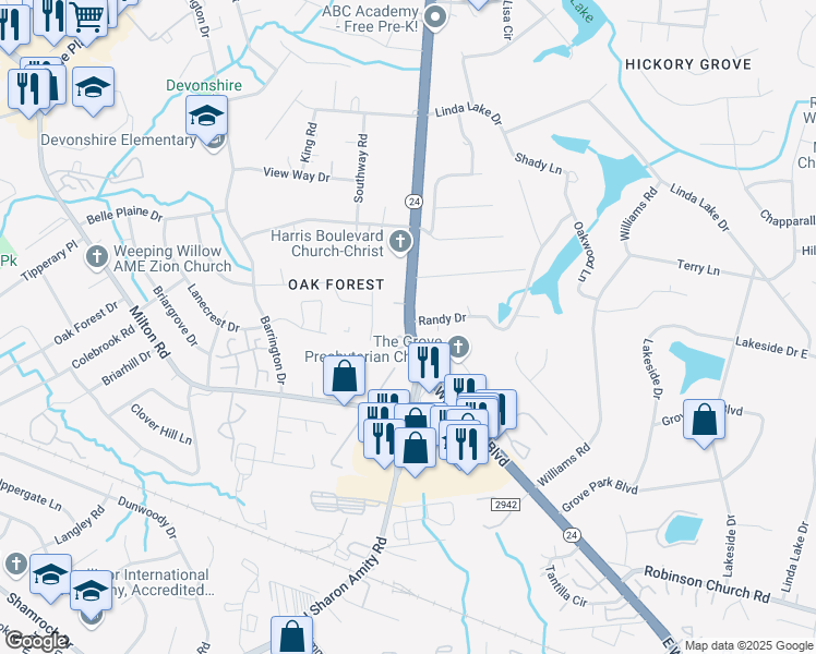 map of restaurants, bars, coffee shops, grocery stores, and more near East West T Harris Boulevard in Charlotte