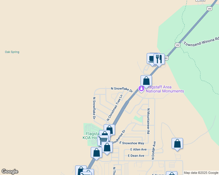 map of restaurants, bars, coffee shops, grocery stores, and more near 6470 North Snowflake Drive in Flagstaff