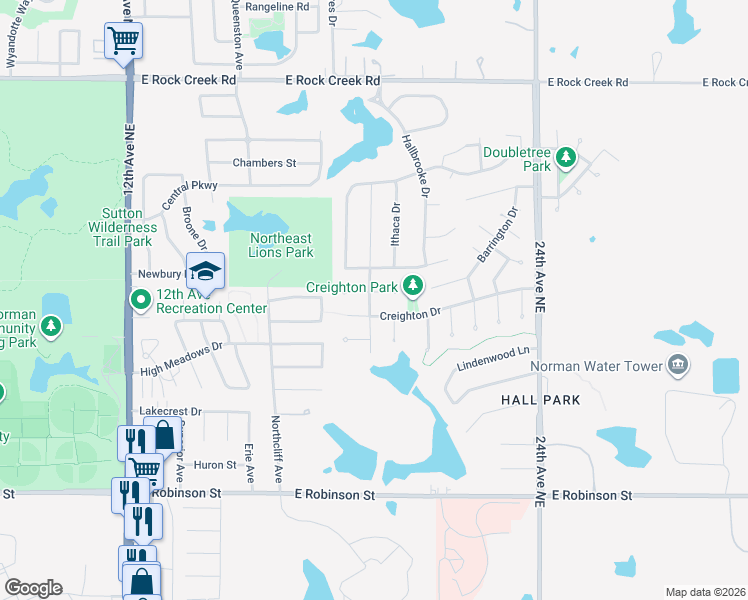 map of restaurants, bars, coffee shops, grocery stores, and more near 1902 Bowling Green Place in Norman
