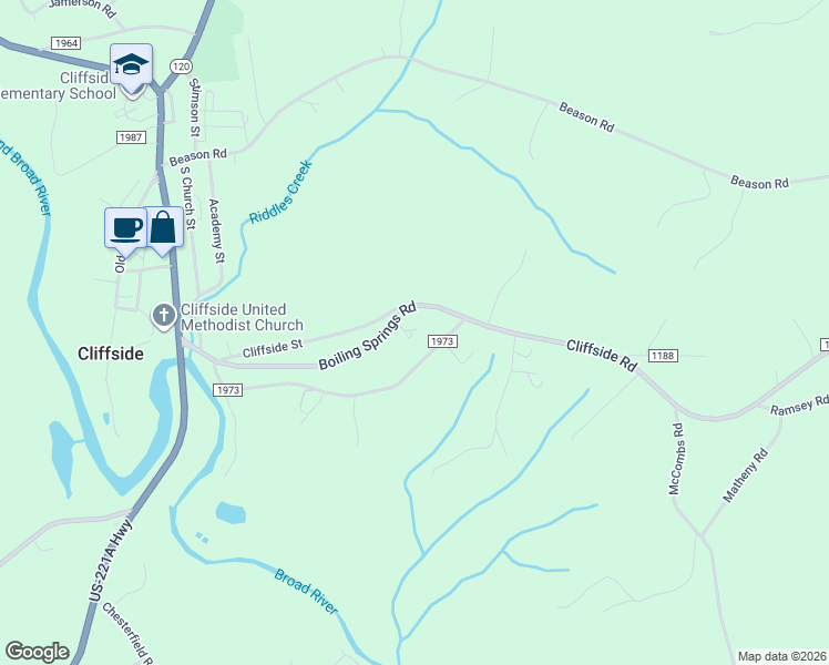 map of restaurants, bars, coffee shops, grocery stores, and more near 372 Boiling Springs Road in Mooresboro